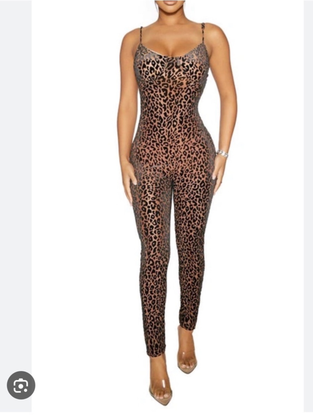 naked wardrobe Leopard-Print Spaghetti-Strap Jumpsuit in Brown